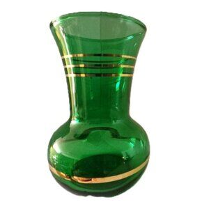 Vintage Green Glass Vase With Gold Stripes 3.5" Anchor Hocking Decorative Piece